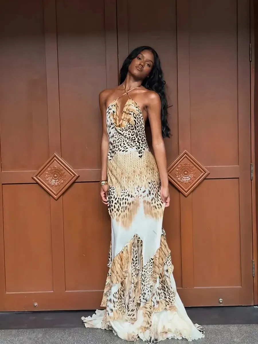 Willow Leopard Print Halter Ruffle Maxi Dress