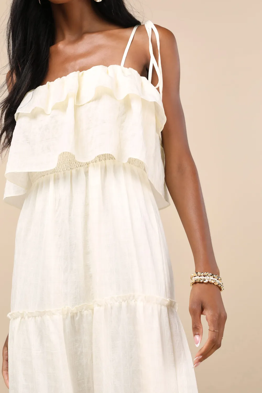 Casual Style  Ivory Textured Tie-Strap Tiered Maxi Dress