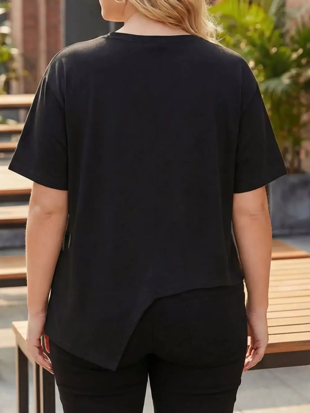 Plus Asymmetrical Button Decor Short Sleeve T