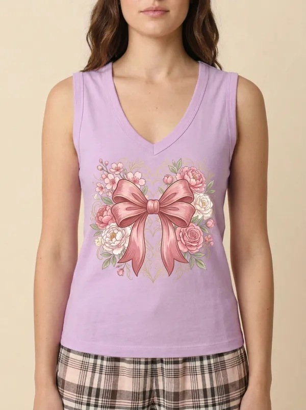 Women's Breast Cancer Awareness Pink Bow Floral Printed Tank Top