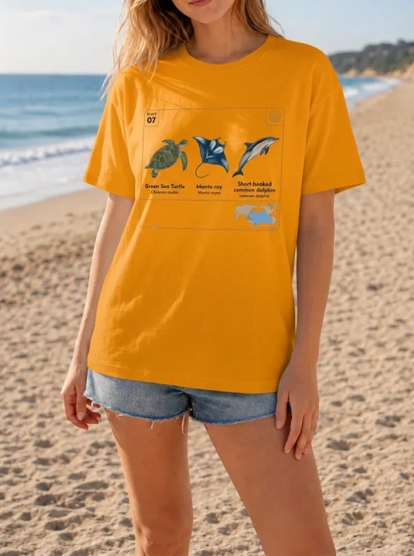 Women's Marine Life Lover Sea Turtle Manta Ray Dolphin Printed T-shirt