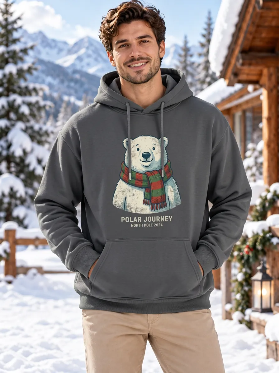 Men's Christmas Polar Bear Scarf North Pole Printed Hoodie