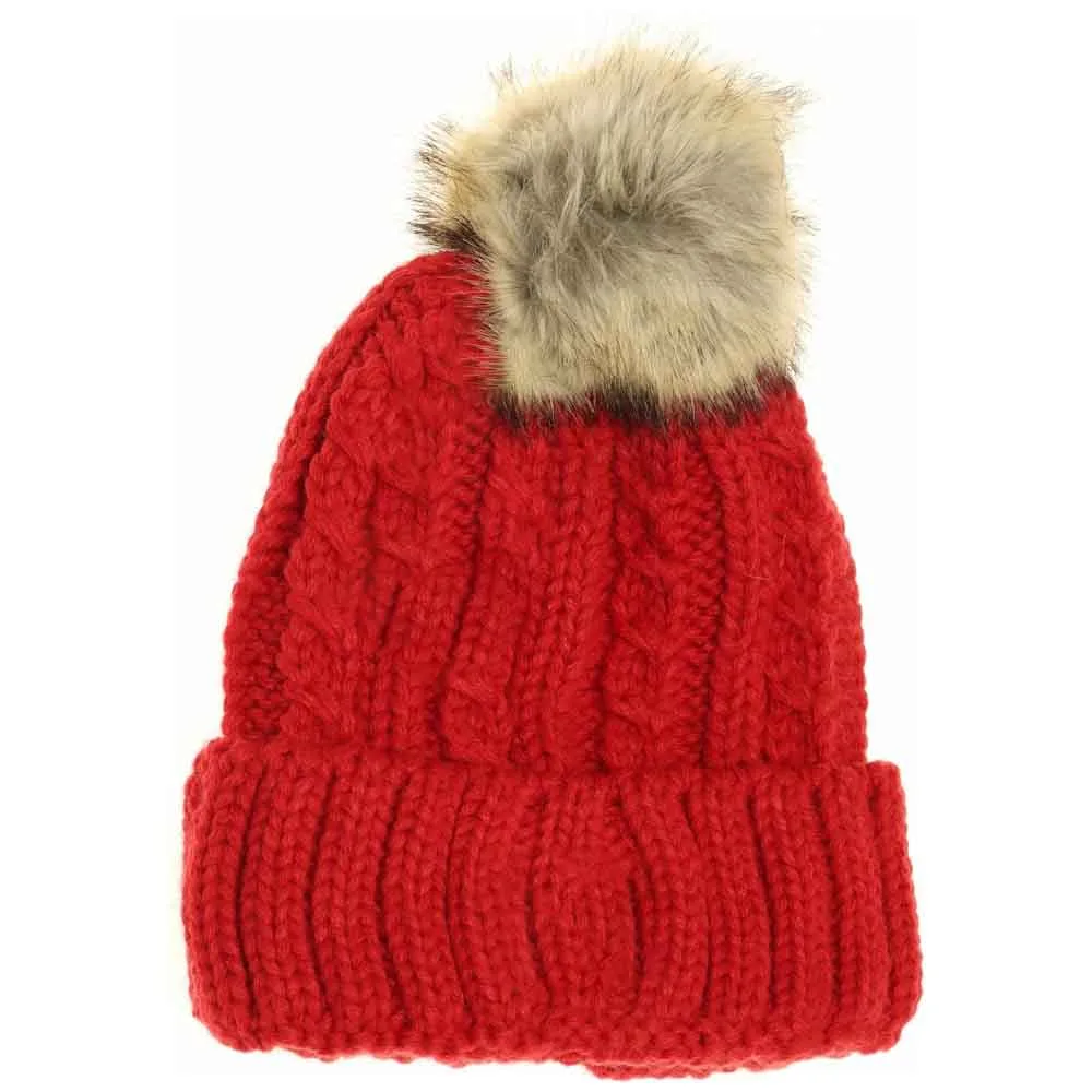 Cable Ribbed Fur Pom Beanie