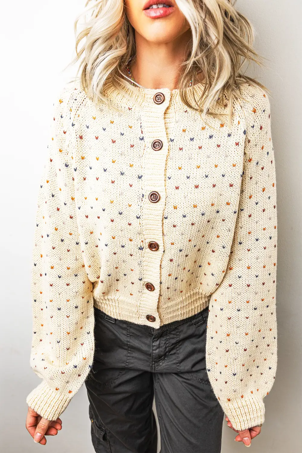 Button-Front Round-Neck Long-Sleeve Ribbed Cardigan