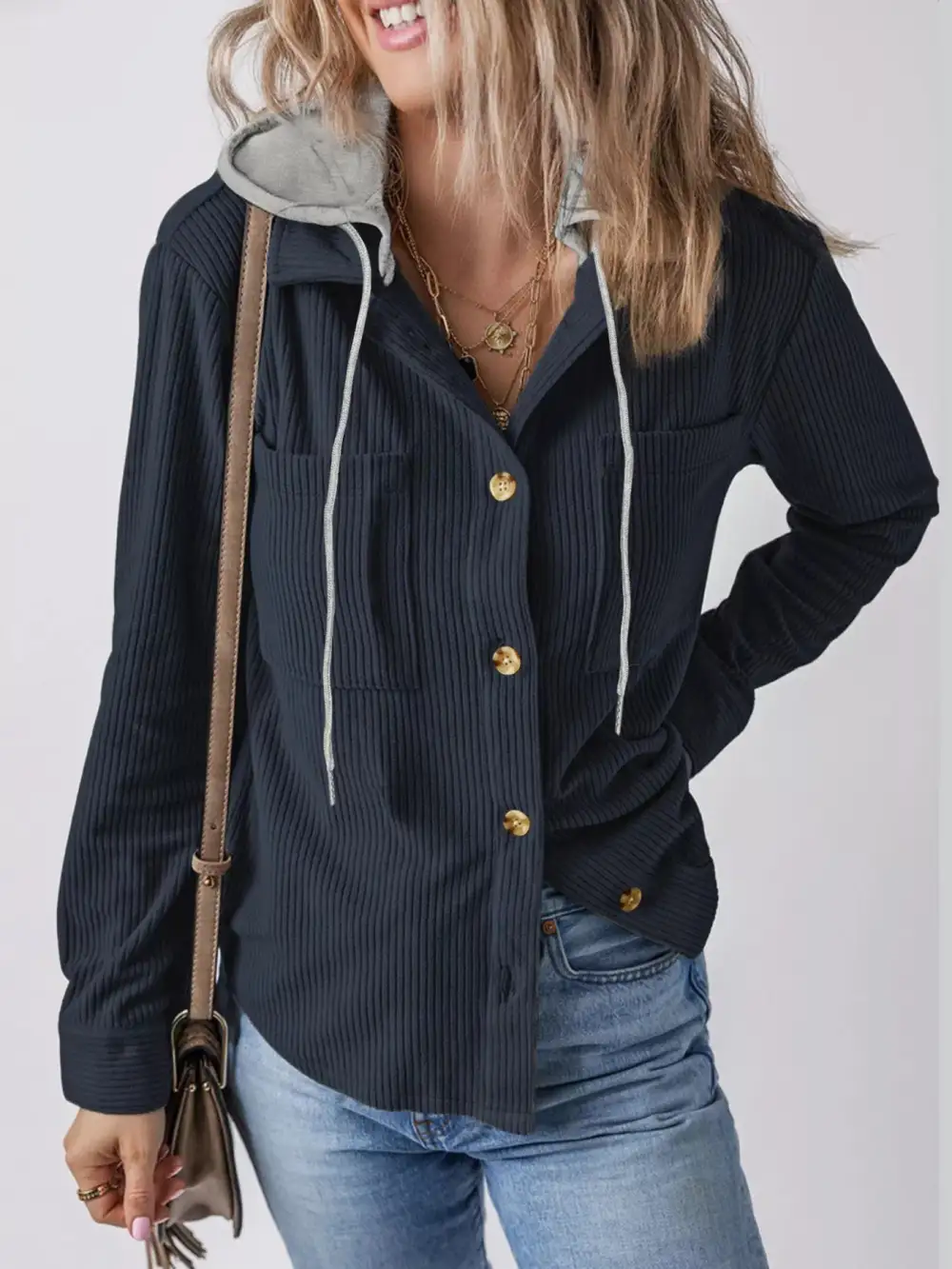 Hooded Corduroy Button-Down Jacket