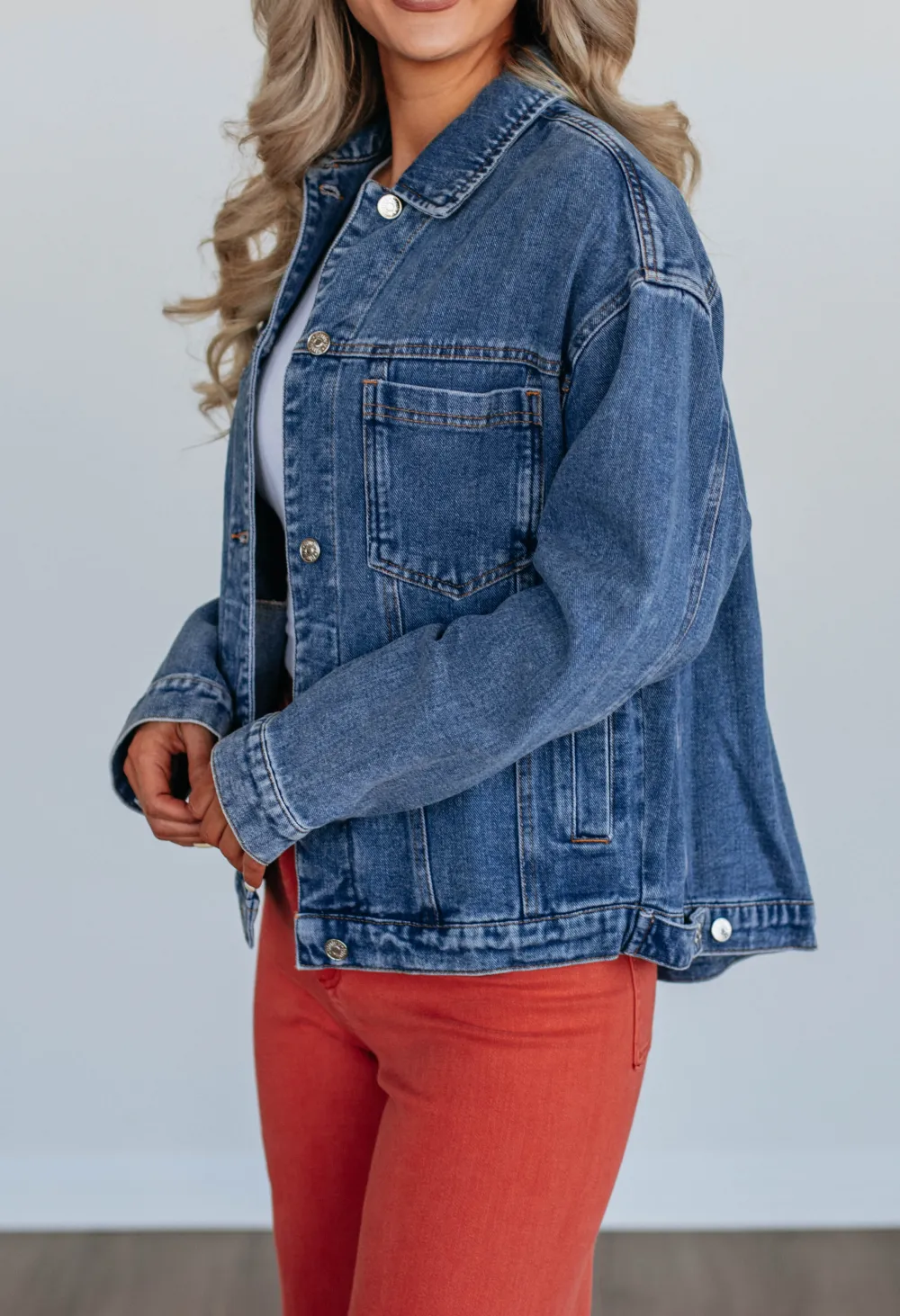 Collared Button-Front Button-Cuff Side-Pocket Denim Jacket