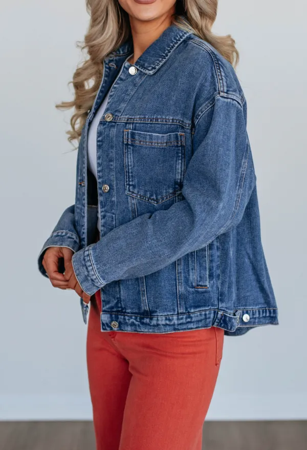Collared Button-Front Button-Cuff Side-Pocket Denim Jacket