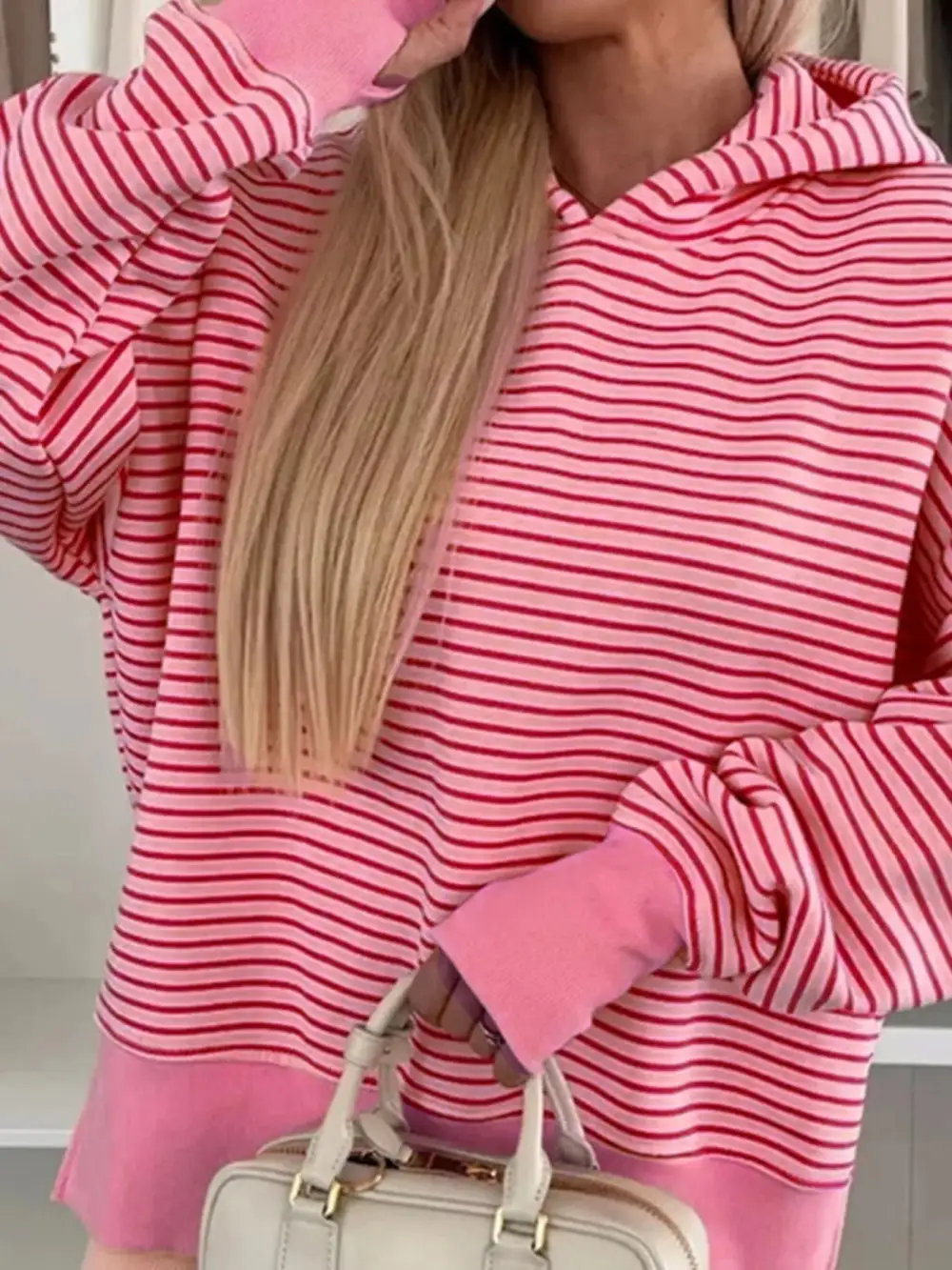 Drawstring Kangaroo-Pocket Oversized Striped Hoodie