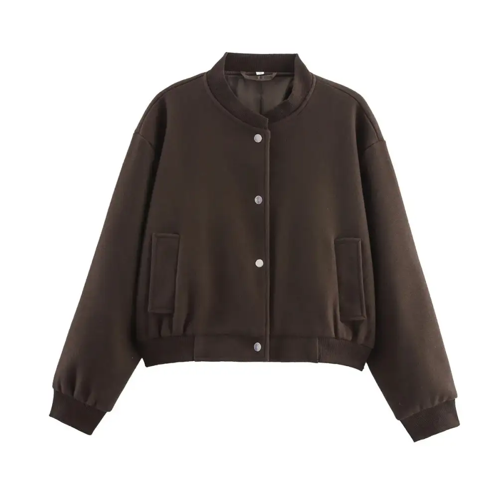 Cropped Velvet Touch Snap Front Ribbed Trim Bomber Jacket