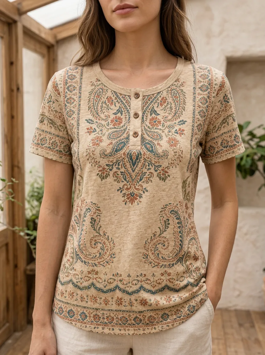 Women's Refined Boho Paisley Floral Henley T-Shirt