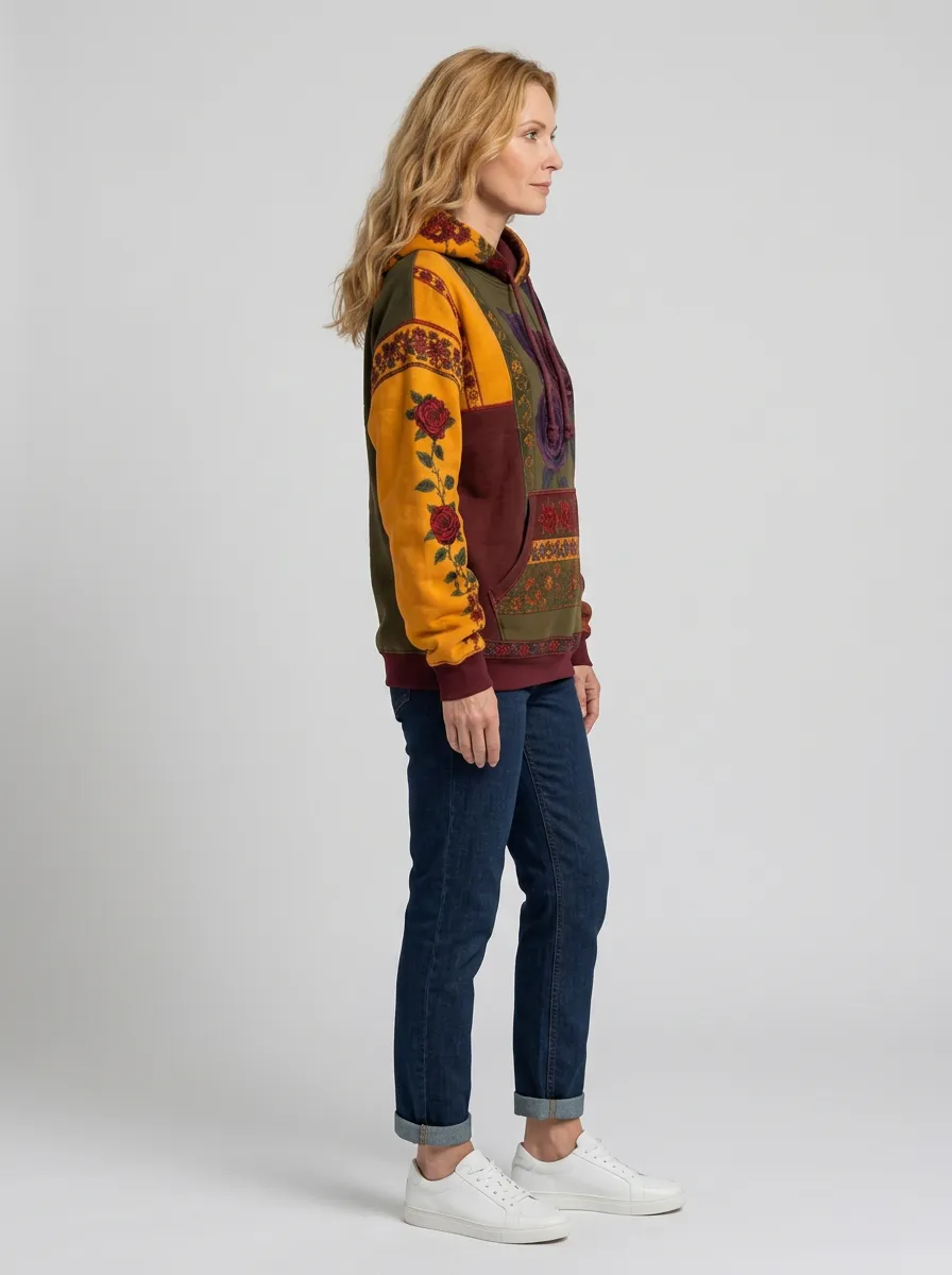 Women's Western Boho Rose Floral Patchwork Printed Hoodie