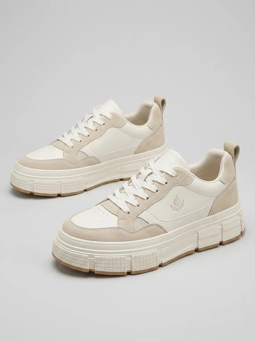 Men's Minimalist Leaf Logo Beige Suede Printed Sneakers