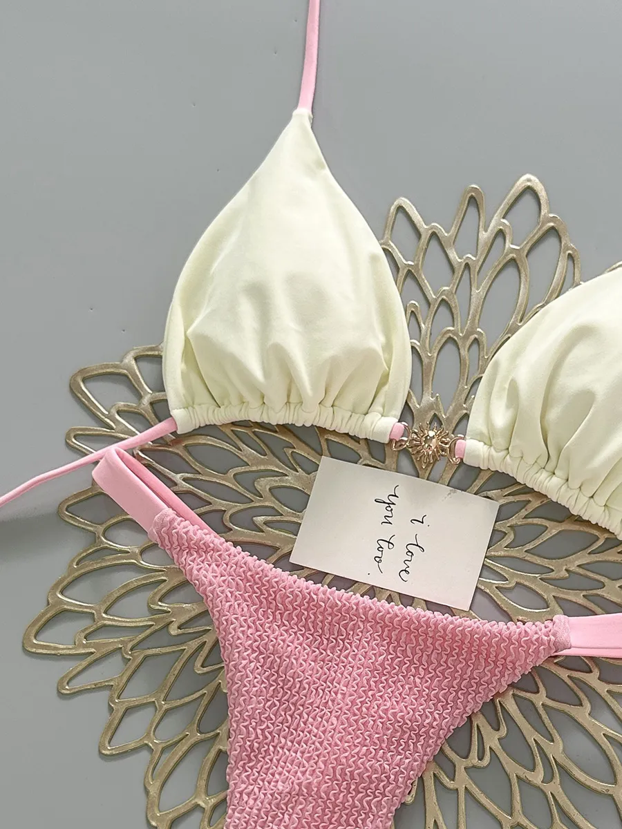 Victoria Pink and White Color-Blocked Bikini Two Piece Set
