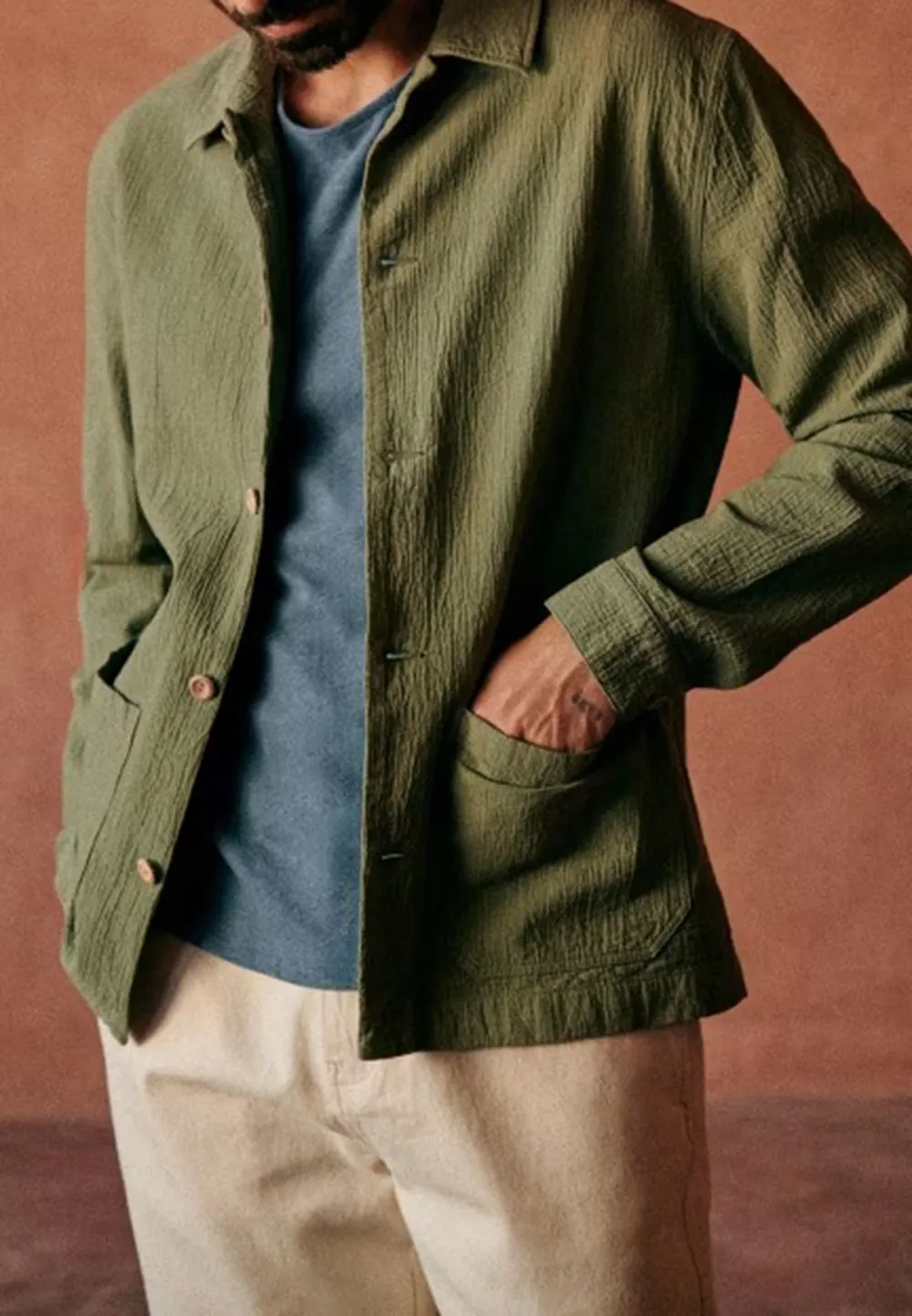 Green Cotton Textured Button Front Chore Jacket