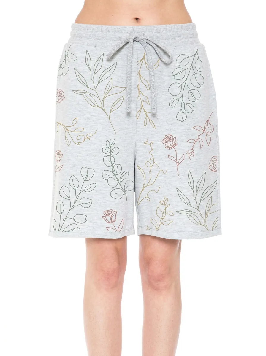 Women's Botanical Floral Line Art Printed Drawstring Shorts