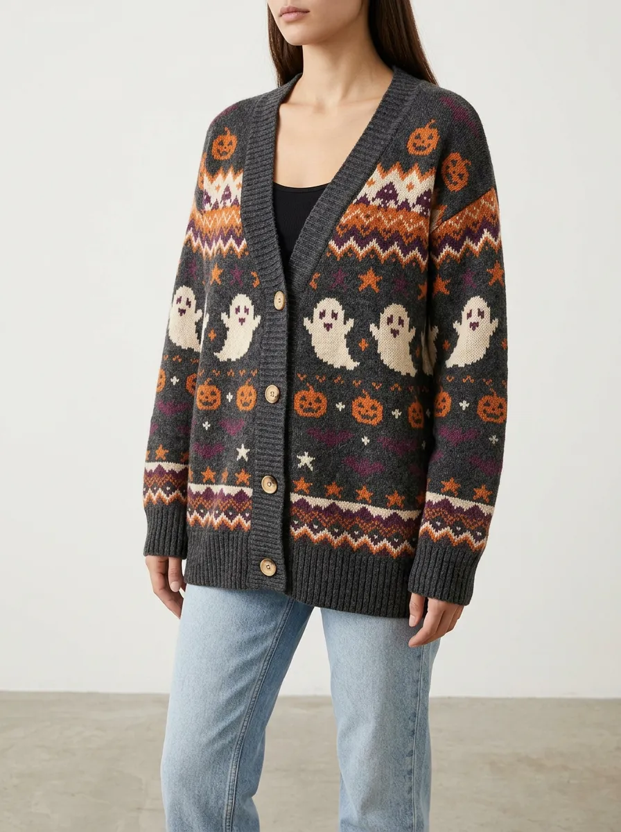 Women's Ghost Pumpkin Halloween Jacquard Knit Cardigan