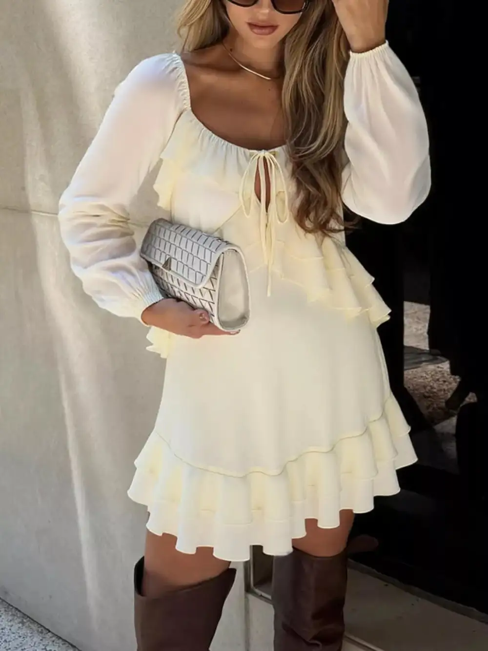 Textured Detail Ruffle Long Sleeve Mini Dress