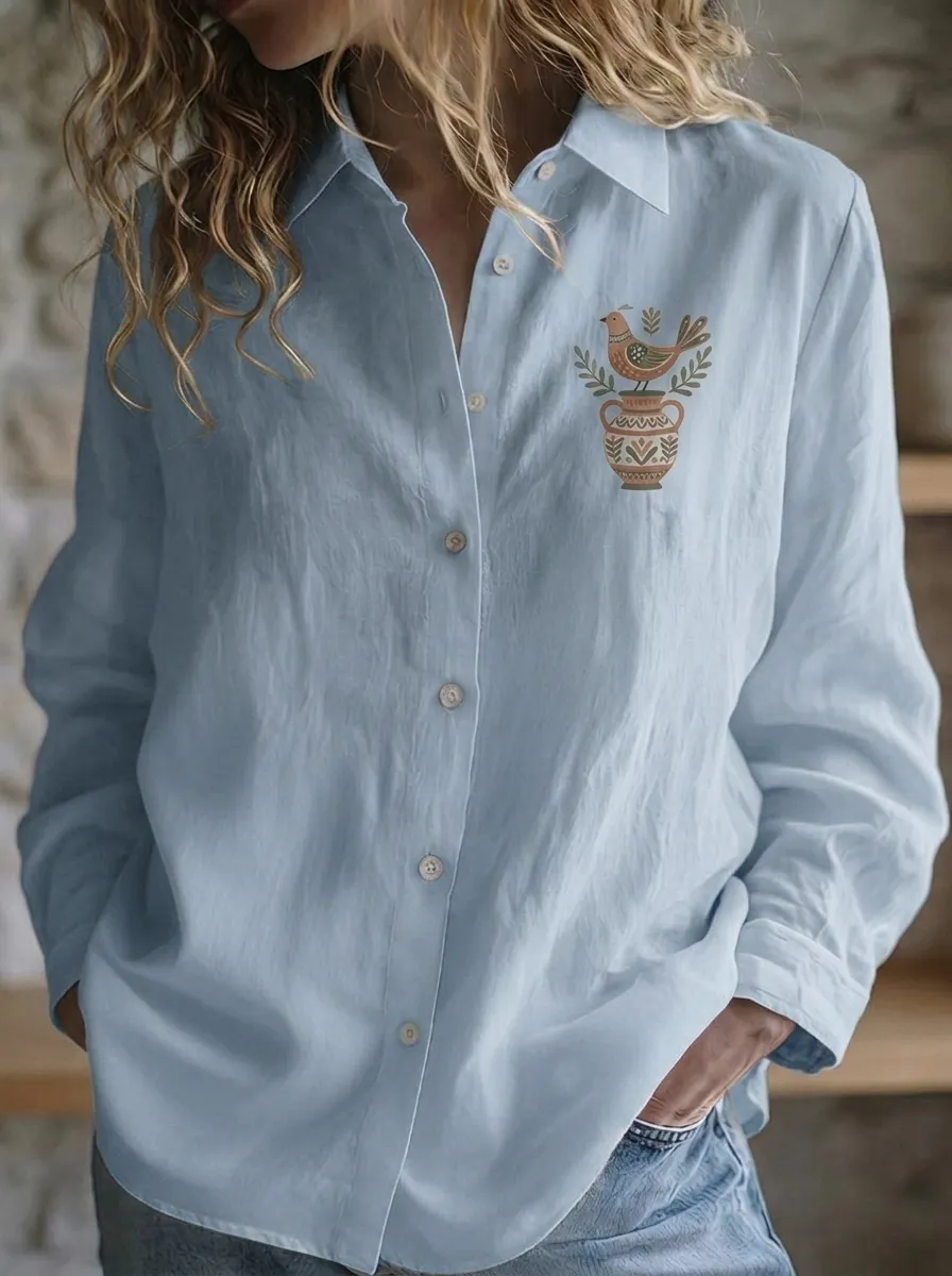 Women's Folk Art Bird and Vase Printed Button-Down Shirt