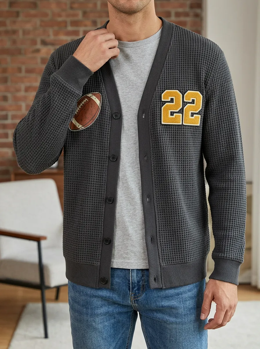 Men's Football Fan Number 22 Patch Waffle Knit Cardigan