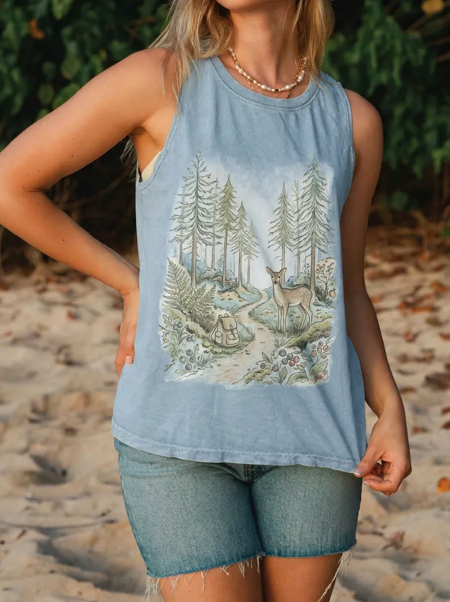 Women's Nature Lover Forest Deer Hiking Printed Tank Top