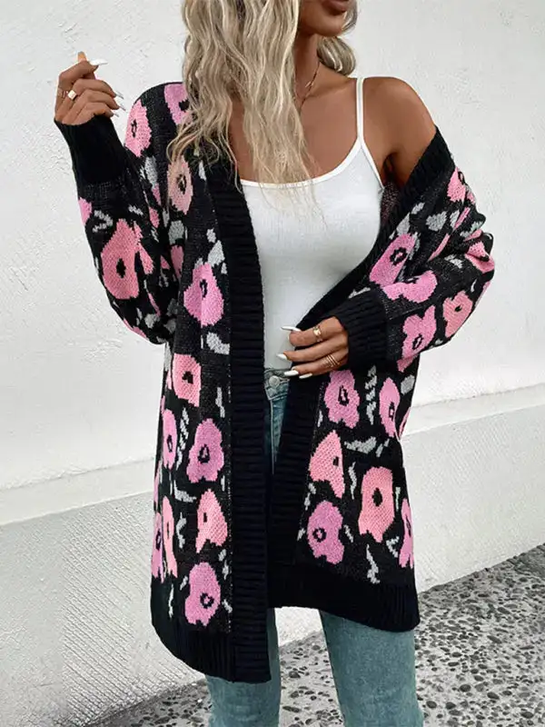 Long-Sleeve Knit Floral Pocketed Cardigan