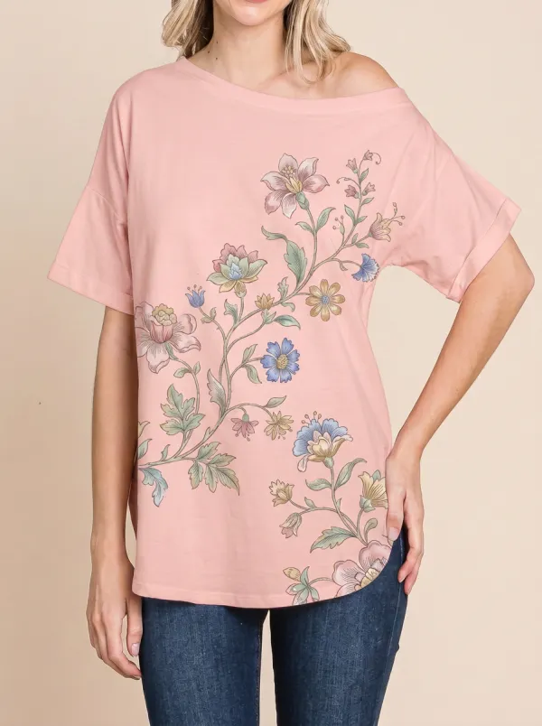 Women's Botanical Floral Art Printed off-shoulder top