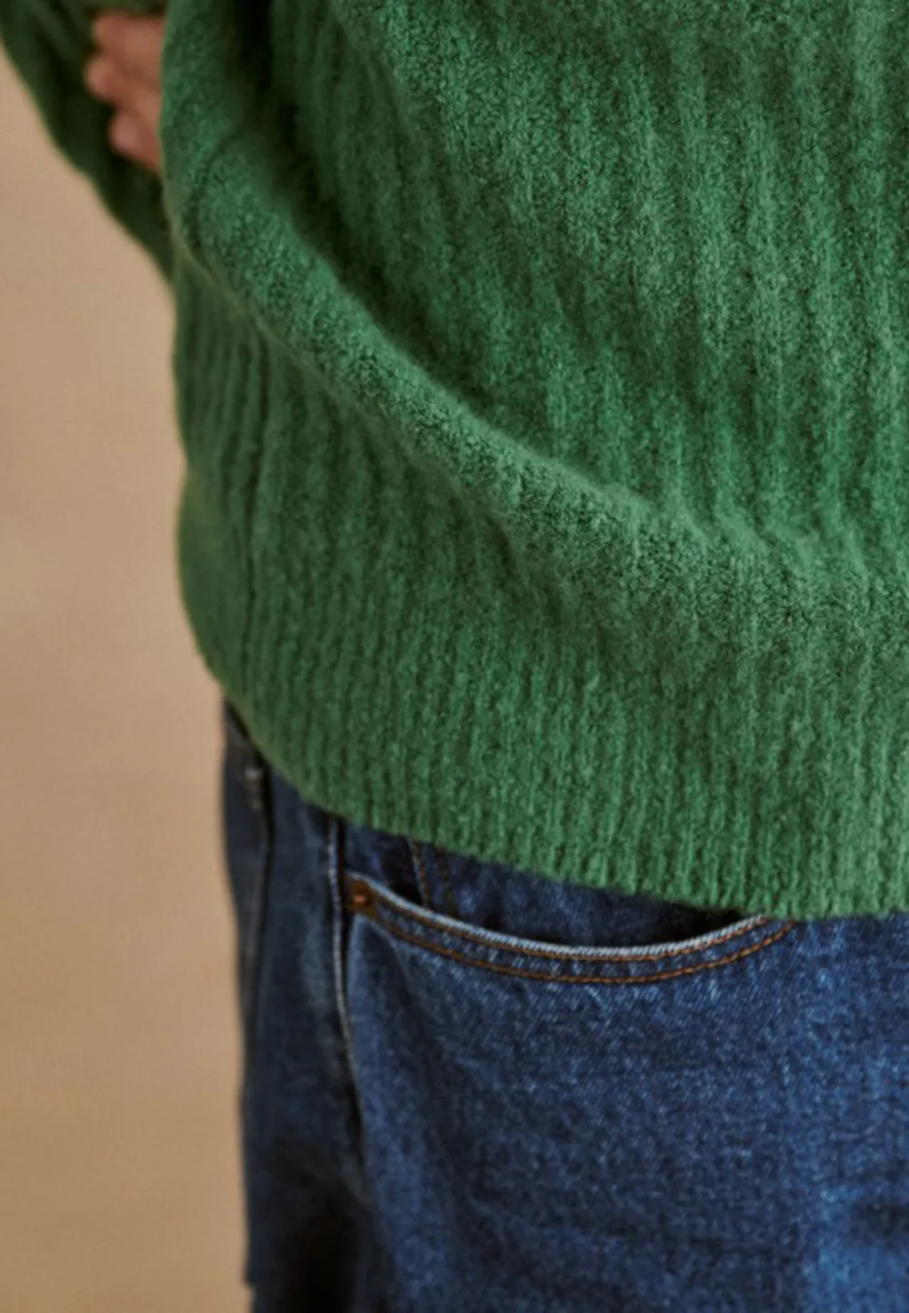 Green Textured Knit Crew Neck Sweater