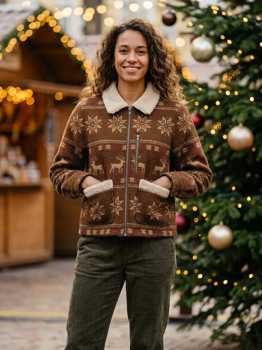 Christmas Reindeer Snowflake Pattern Print Fleece Jacket