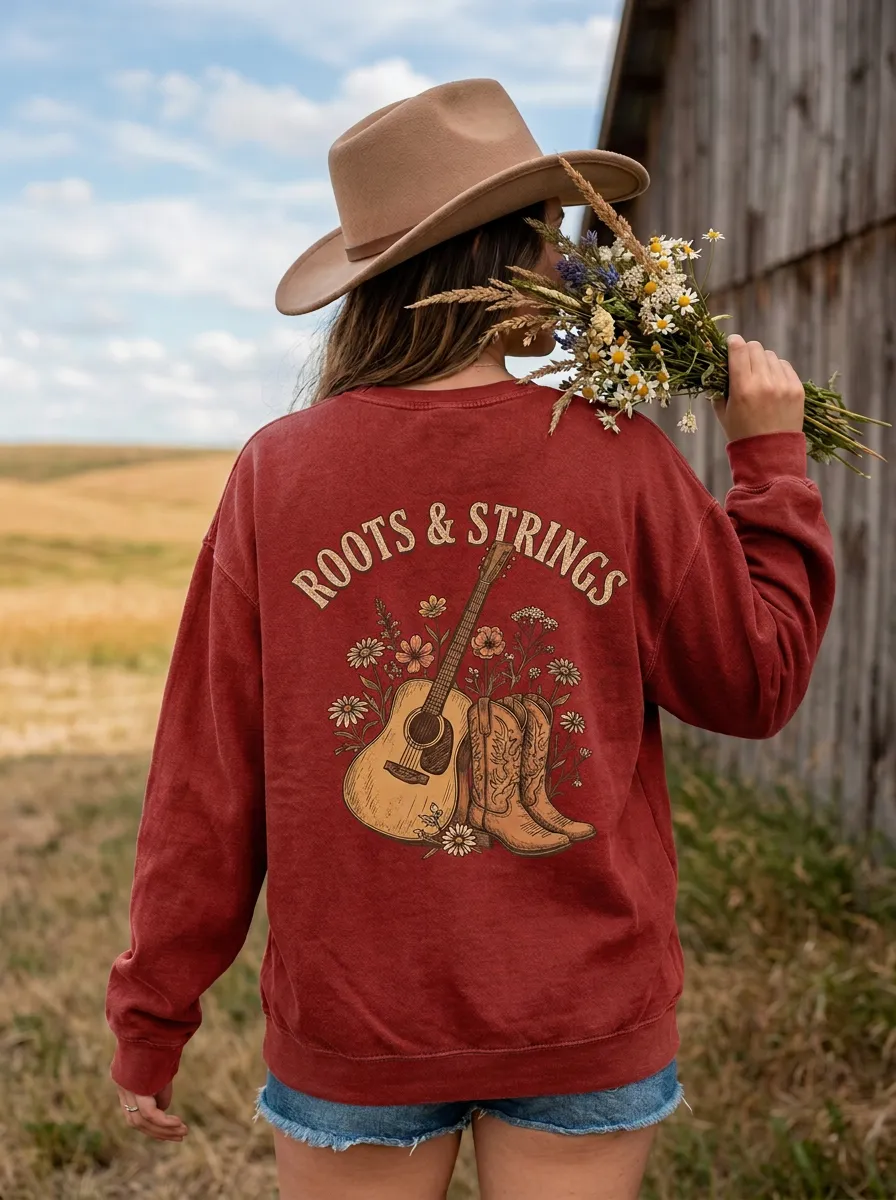 Country Music Roots and Strings Guitar Boots Crew Neck Sweatshirt