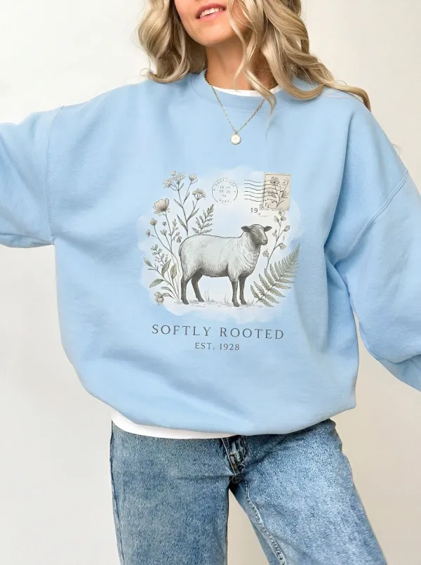 Women's Farmhouse Sheep Floral Stamp Printed Sweatshirt