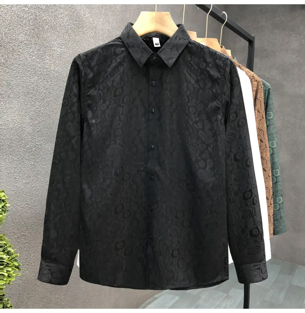 Men's Long-Sleeve Jacquard Shirt With Fine Floral Relief And Classic Collar