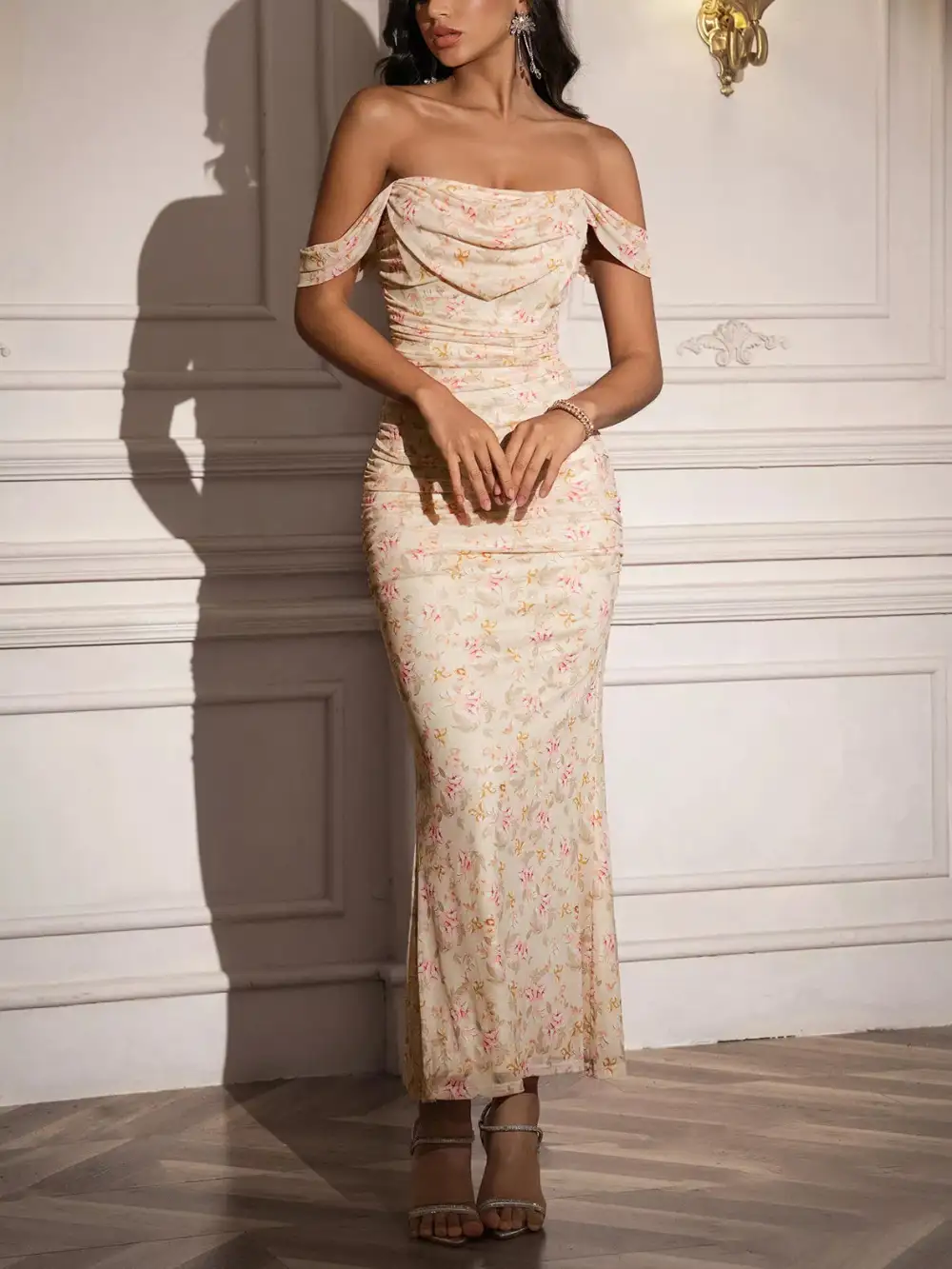 Ruched Off-Shoulder Floral Casual Dress