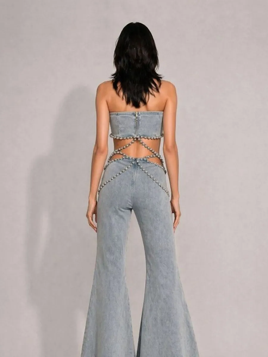 Aislinn Rhinestone-Embellished High-Waisted Denim Two Piece Set