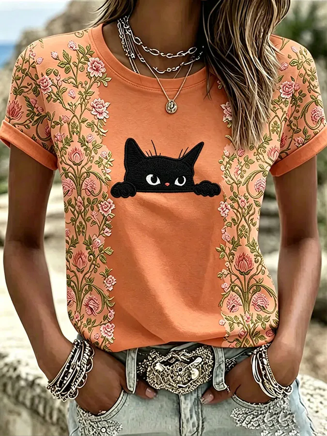 Women's Cute Cat Print Casual T-shirt