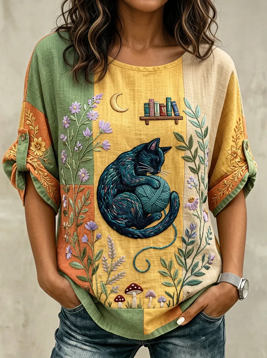 Women's Cat Lover Floral Mushroom Books Printed Cotton Linen Top