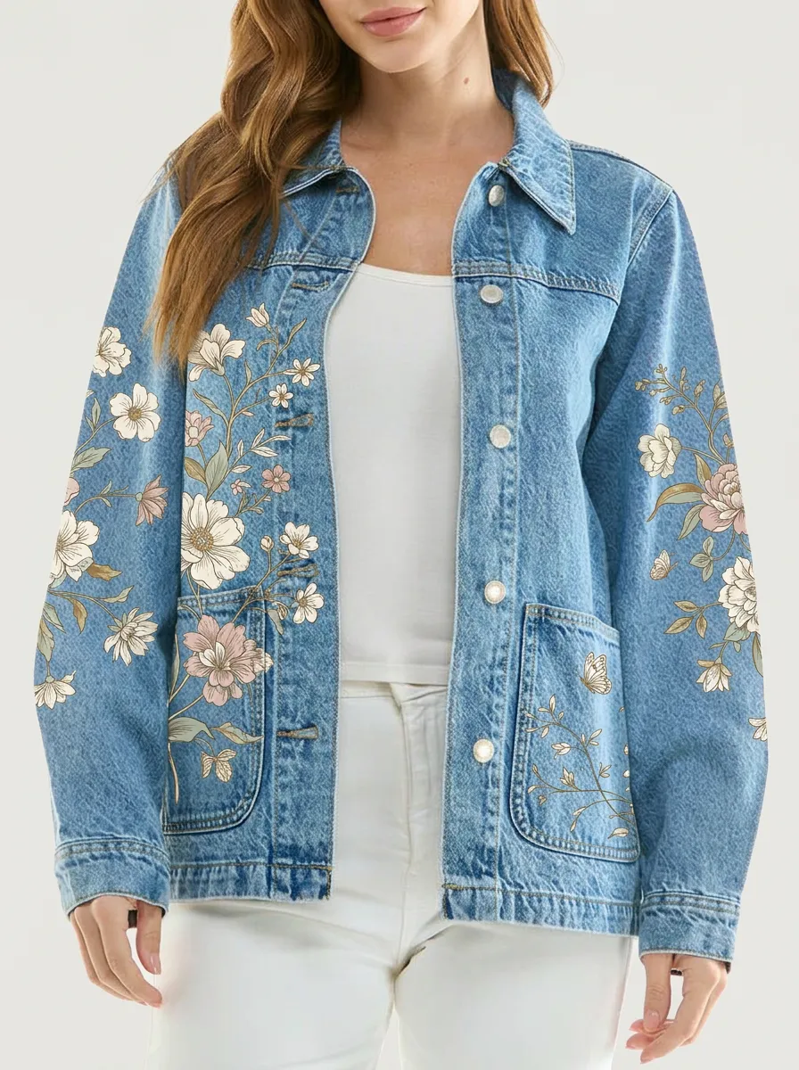 Women's Floral Butterfly Nature Lover Printed Denim Jacket