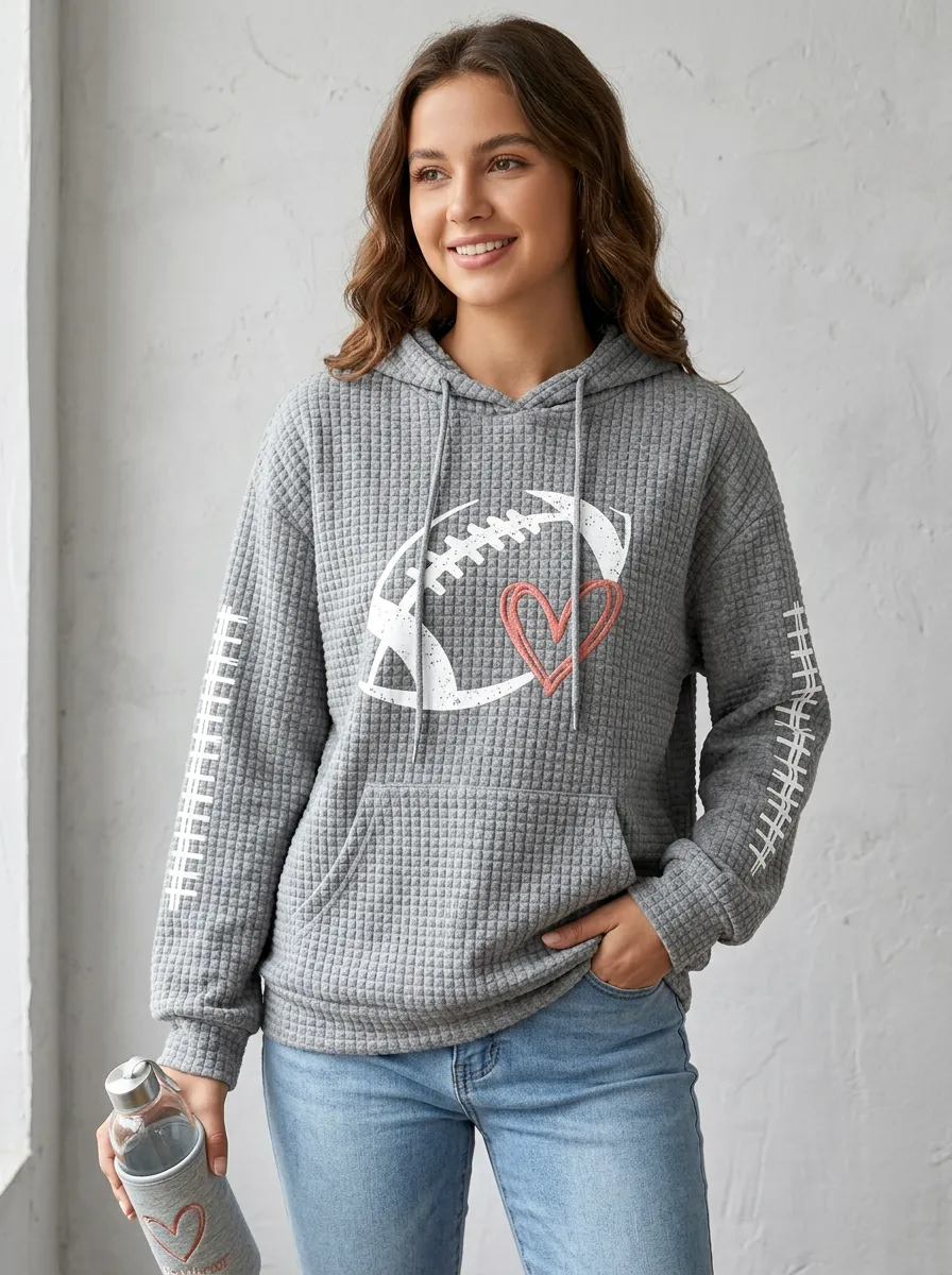Women's Classic Bold Gridiron Heart Ball Love Graphic Hoodie