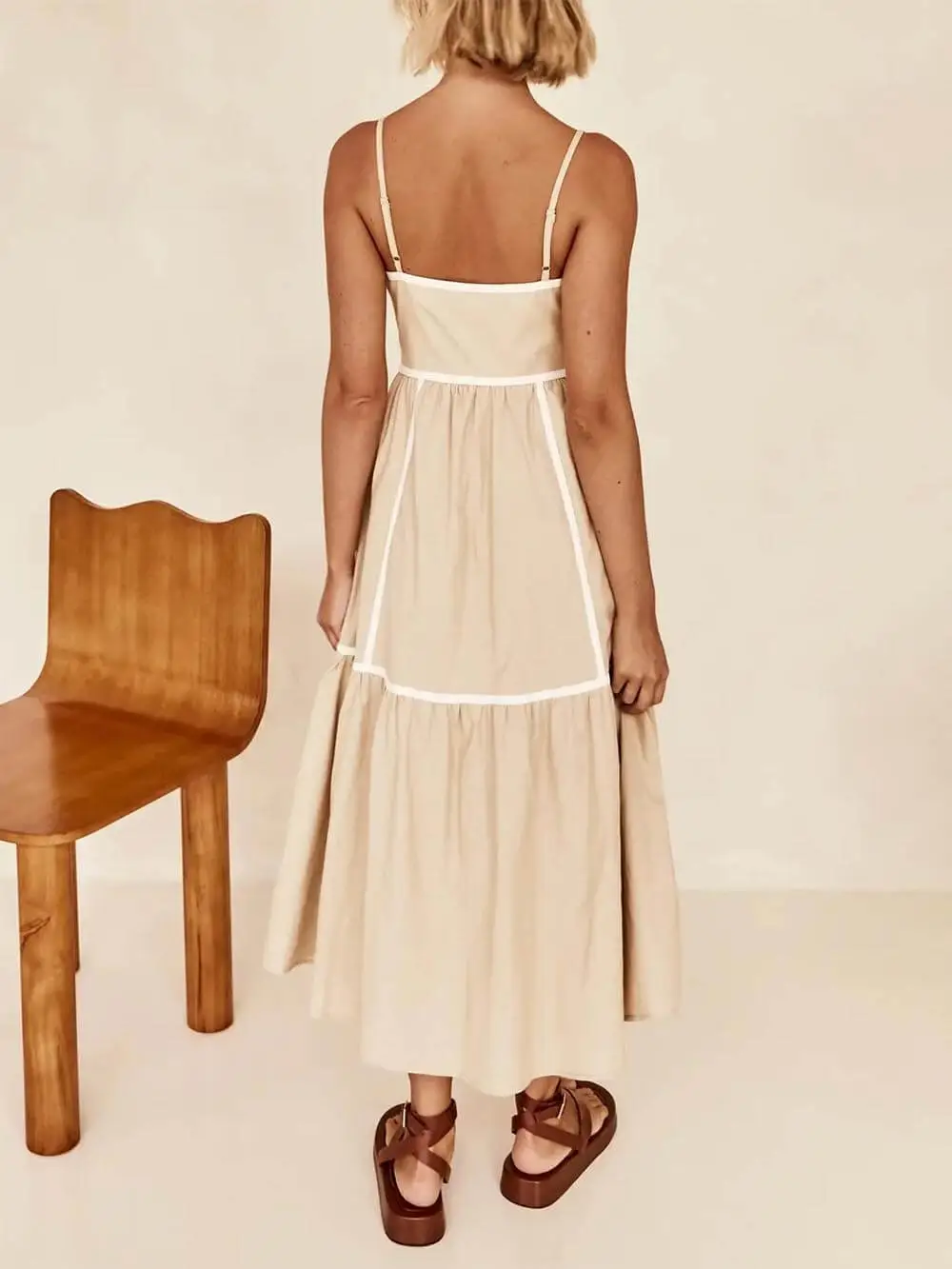 Contrast Trim Adjustable Straps Midi Dress