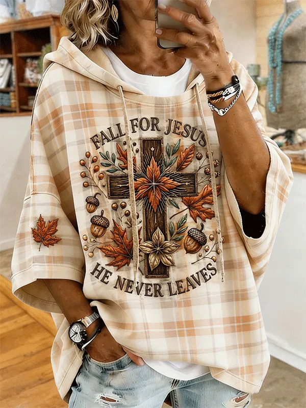 Women's Plaid Fall For Jesus Cross Acorn Short Sleeve Hoodie