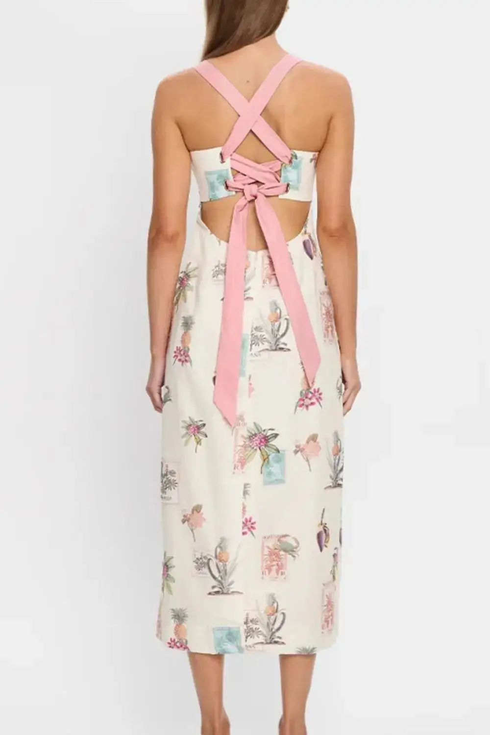 Square-Neck Linen-Blend Printed Midi Dress