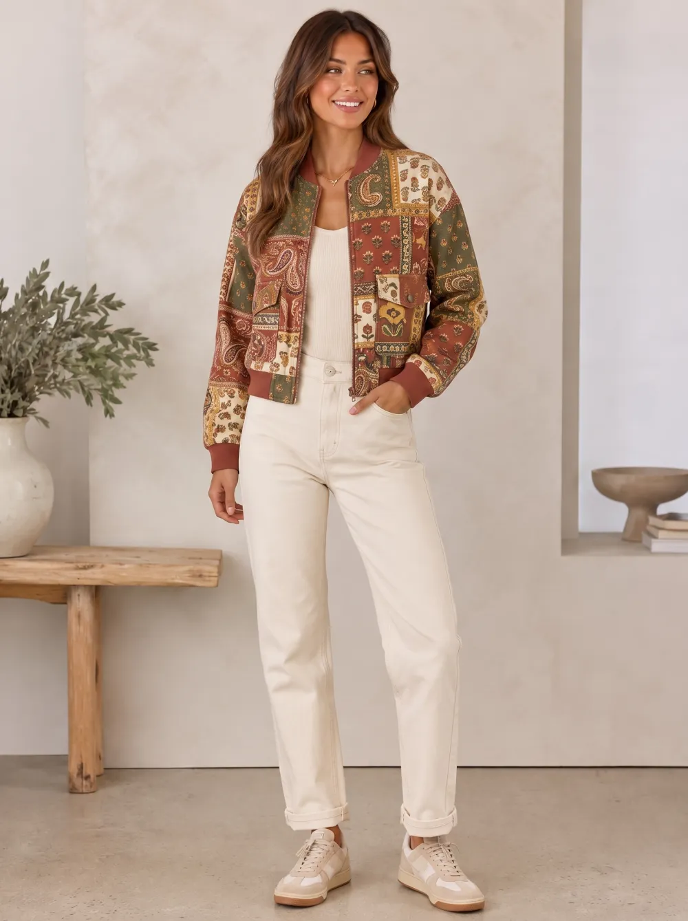 Women's Boho Paisley Patchwork Bomber Jacket
