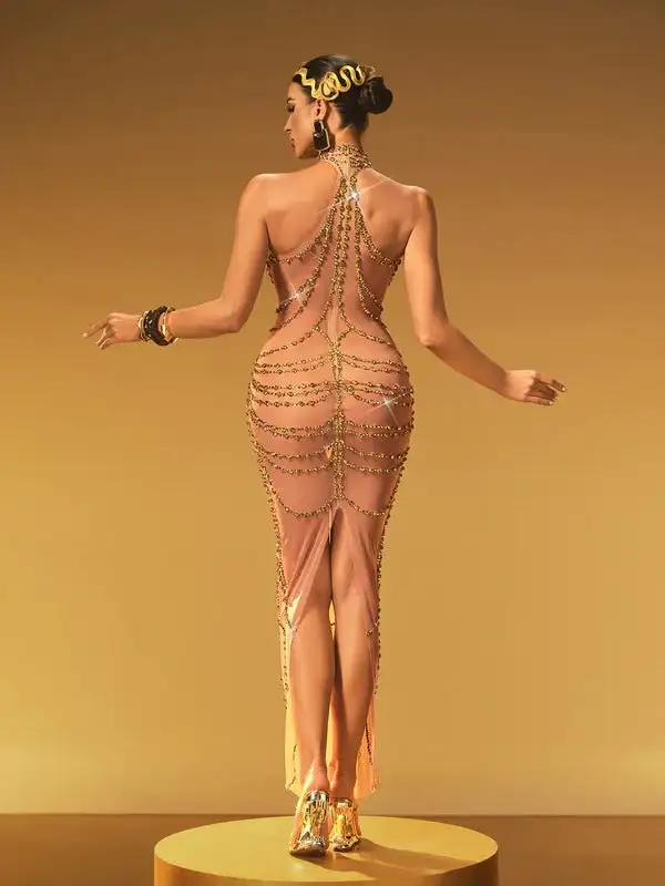 Olisa Halterneck Rhinestone Maxi Dress In Gold