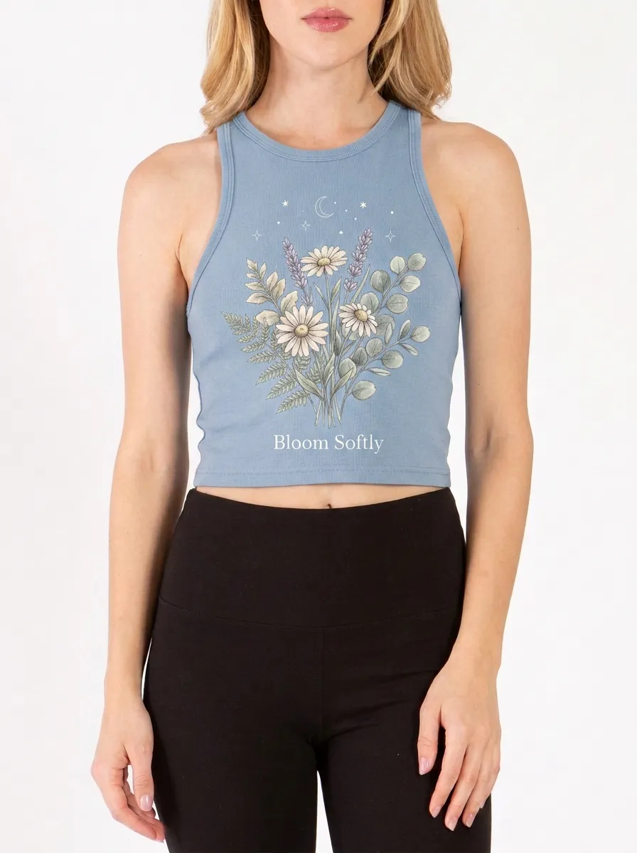 Women's Floral Botanical Bloom Softly Celestial Printed Crop Tank Top