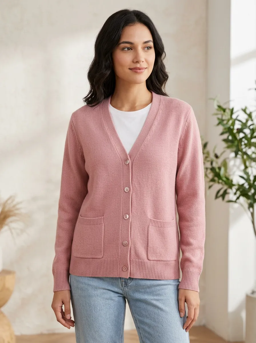 Women's Casual Style Pink Solid Color V-Neck Buttoned Cardigan