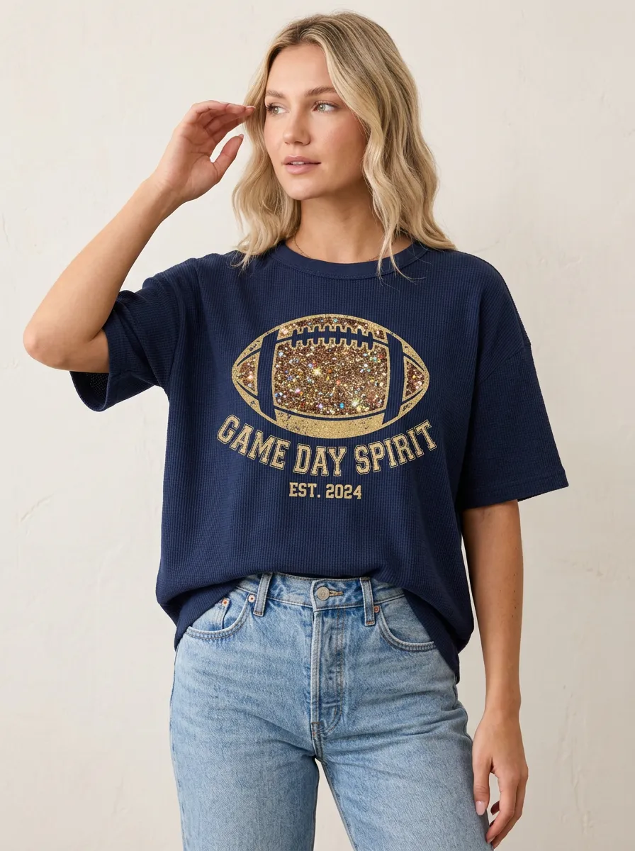 Women's Football Fan Game Day Spirit Glitter Printed T-shirt