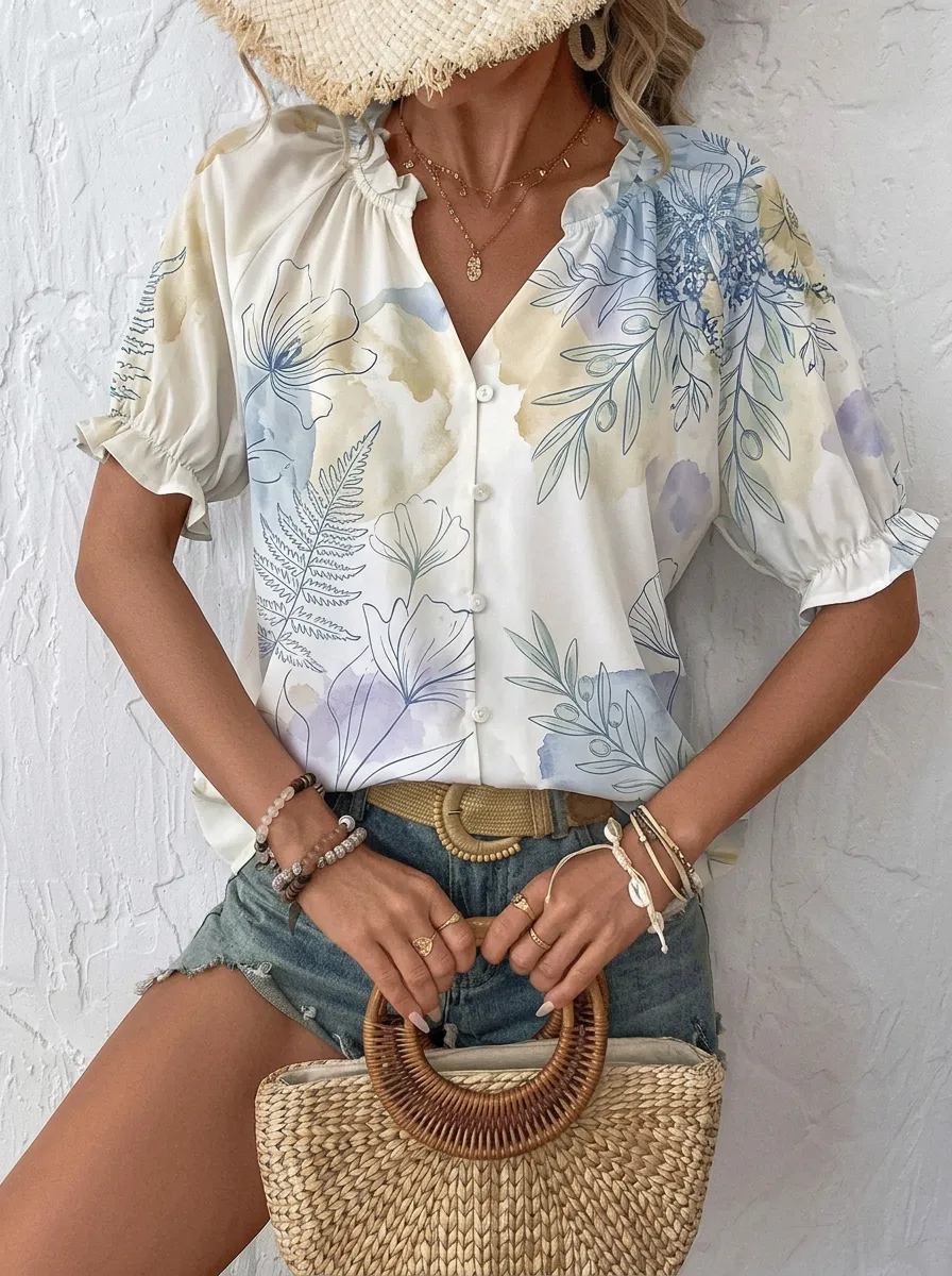 Women's Botanical Floral Watercolor Printed V-Neck Blouse