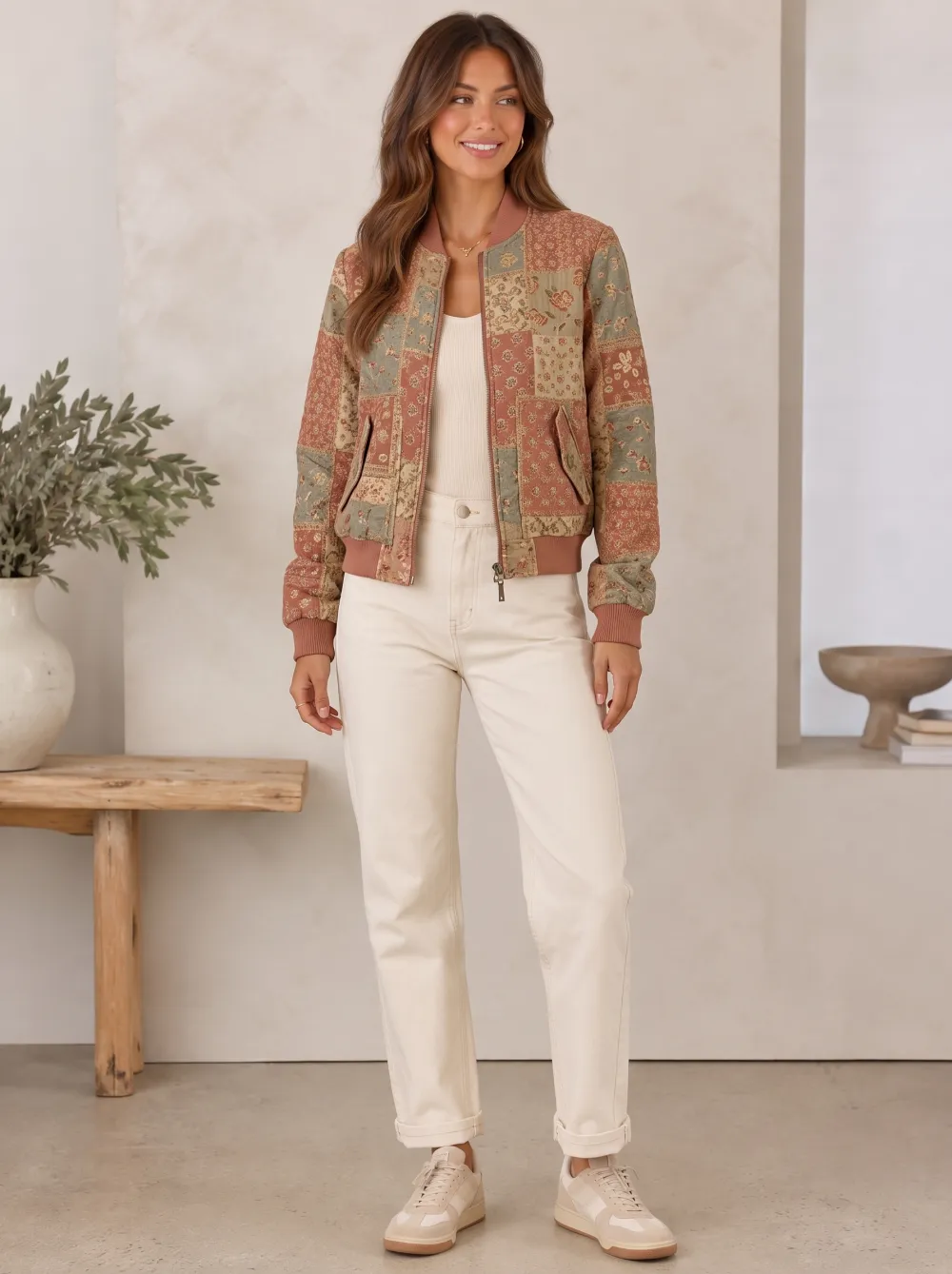Women's Vintage Floral Patchwork Quilted Printed Bomber Jacket
