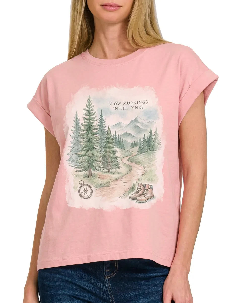 Women's Nature Hiking Lover Pine Forest Compass Printed T-shirt