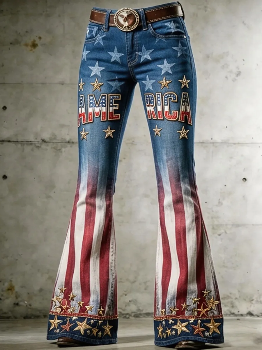 America Stars & Stripes Print Women's Slightly Flared Jeans