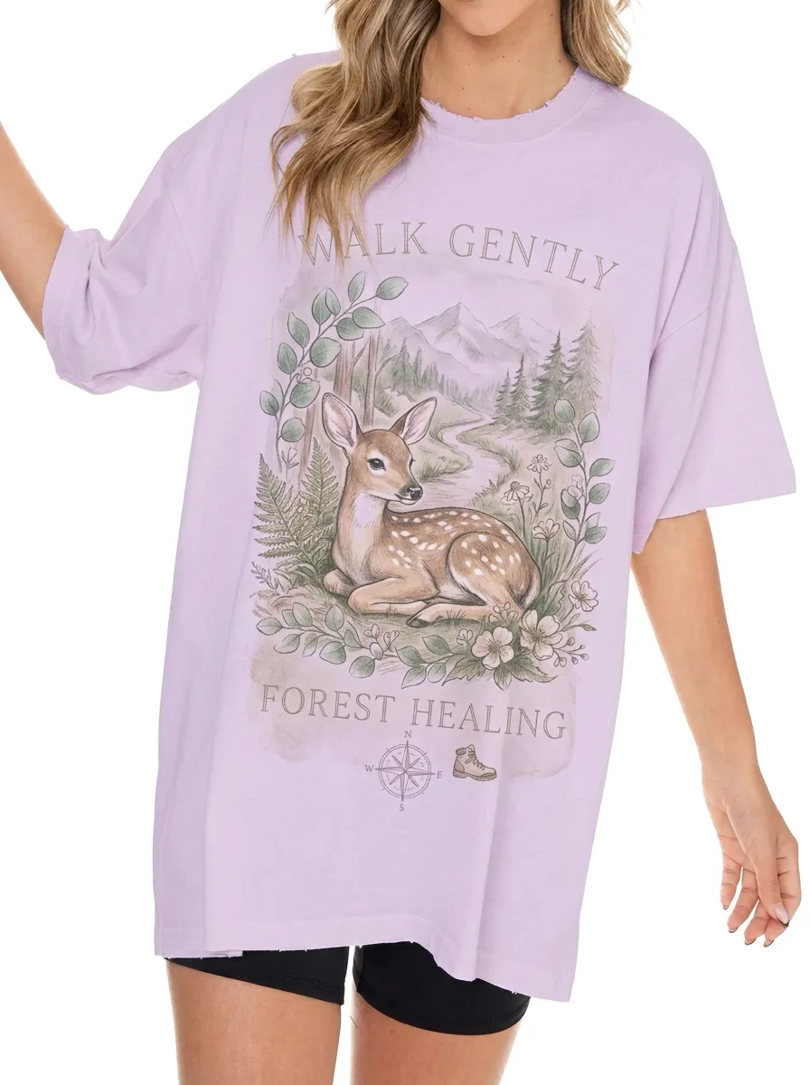 Women's Nature Lover Deer Forest Walk Gently Printed T-shirt
